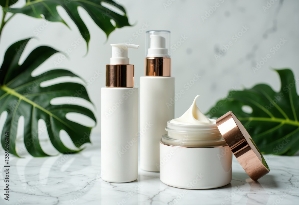 Elegant skincare products displayed on a marble surface with green leaves Elegant skincare products displayed on a marble surface with green leaves