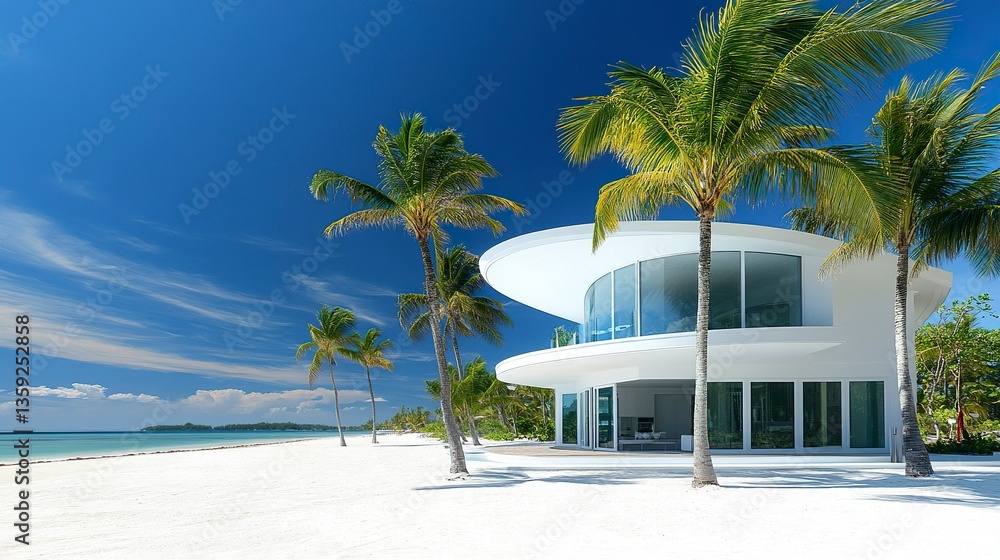 Fototapeta premium Luxury seaside home, curved white roof and expansive windows framed by tropical palms, set on a tranquil white sand beach under bright blue skies 