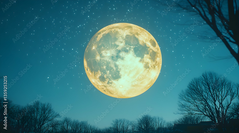 A luminous full moon radiates against a star-filled azure sky with silhouetted trees adding depth to the serene nocturn A luminous full moon radiates against a star-filled azure sky with silhouetted trees adding depth to the serene nocturn