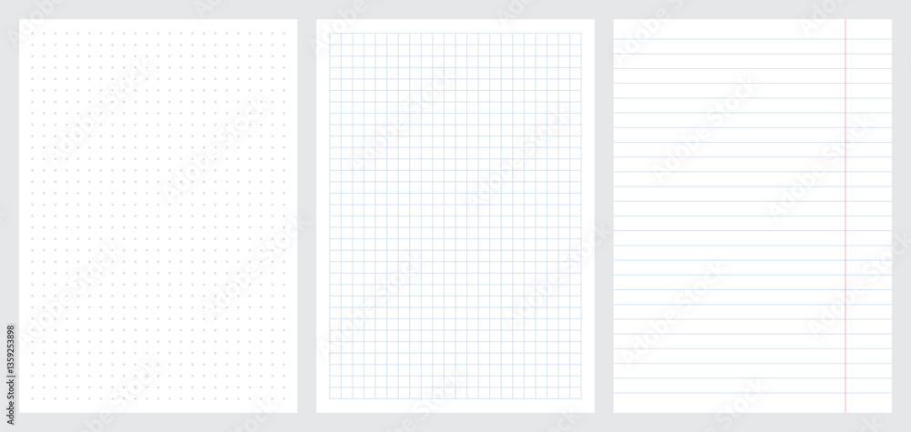 Set of blank sheets of dotted, square grid and lined paper in a5 format. Paper templates for notes, writing, sketching, and journaling. Ideal for school, office and work. Vector illustration Set of blank sheets of dotted, square grid and lined paper in a5 format. Paper templates for notes, writing, sketching, and journaling. Ideal for school, office and work. Vector illustration