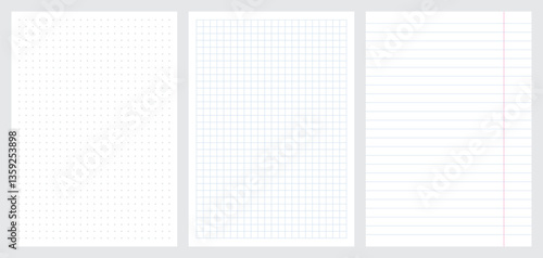 Set of blank sheets of dotted, square grid and lined paper in a5 format. Paper templates for notes, writing, sketching, and journaling. Ideal for school, office and work. Vector illustration
