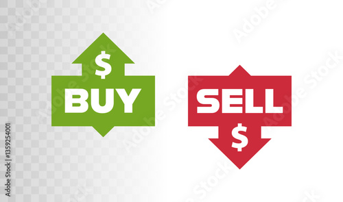 Dollar signs on green and red arrows with up and down motion which characterize a buy or sell signal. Design concept for trading, stock market and finance. Vector illustration 