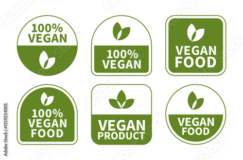 Set of vegan labels and badges in green with leaf icons. Bio, ecology and organic tag design. Ideal for logos, branding, packaging and product labeling. Vector illustration