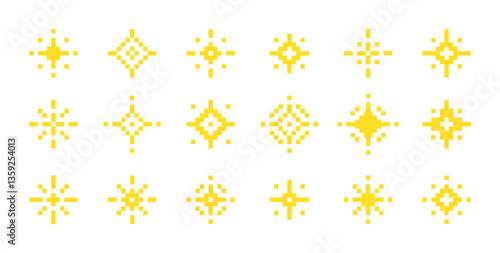 Collection of pixel star sparkle icons in a bright yellow color on a white background. 8 bit shiny game pixel art effect. Y2K stars in retro style. Vector illustration 