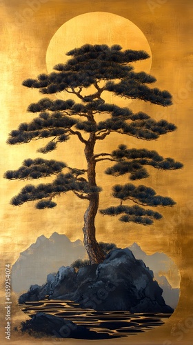 Japanese Zen Garden: A serene composition featuring a meticulously crafted pine tree, standing against a backdrop of a radiant, golden sun, embodies the peace of a Zen garden.