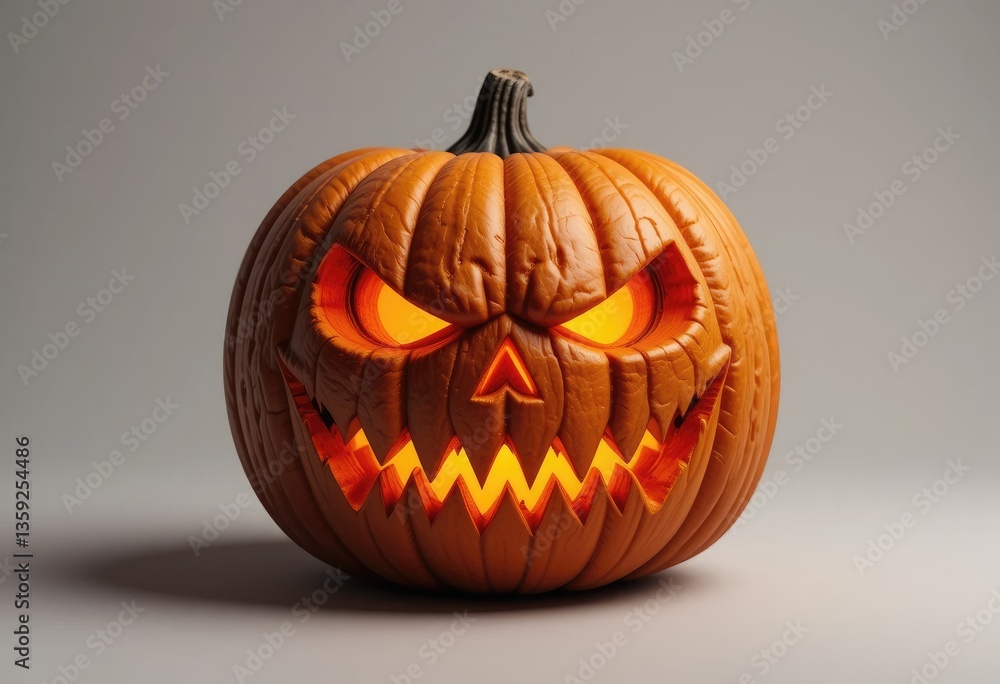 Carved Halloween Pumpkin with Glowing Eyes and Mouth on Gray Background Carved Halloween Pumpkin with Glowing Eyes and Mouth on Gray Background