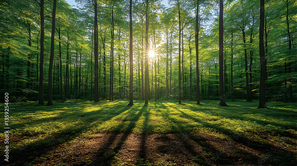 Naklejka premium A lush forest scene with tall dark trees bright green leaves and sunlight streaming through creating long shadows on