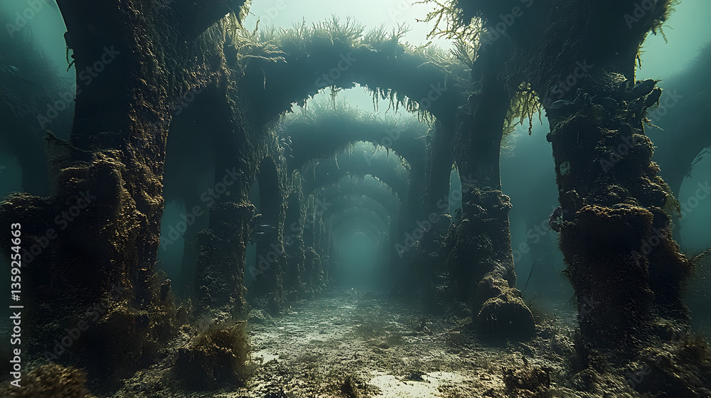 Underwater Ruins: An ethereal view of submerged ancient ruins, capturing the mystery and grandeur of a lost civilization. The underwater world reveals stone arches, a testament to time, and sea life.