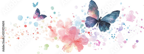 Watercolor floral and butterfly tattoo design clip art set, isolated on a white background.
