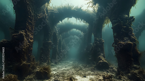 Obraz na płótnie Underwater Ruins: An ethereal view of submerged ancient ruins, capturing the mystery and grandeur of a lost civilization. The underwater world reveals stone arches, a testament to time, and sea life. w salonie