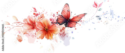 Watercolor floral and butterfly tattoo design clip art set, isolated on a white background.