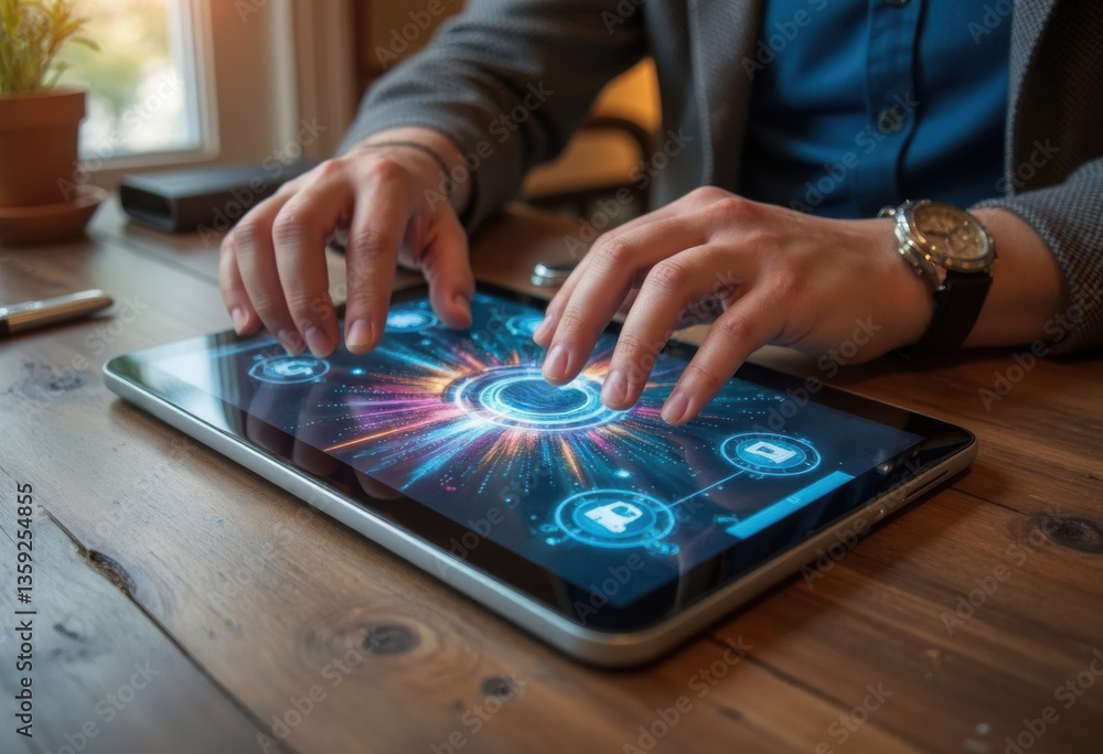 Hands interacting with a tablet displaying futuristic digital interface Hands interacting with a tablet displaying futuristic digital interface
