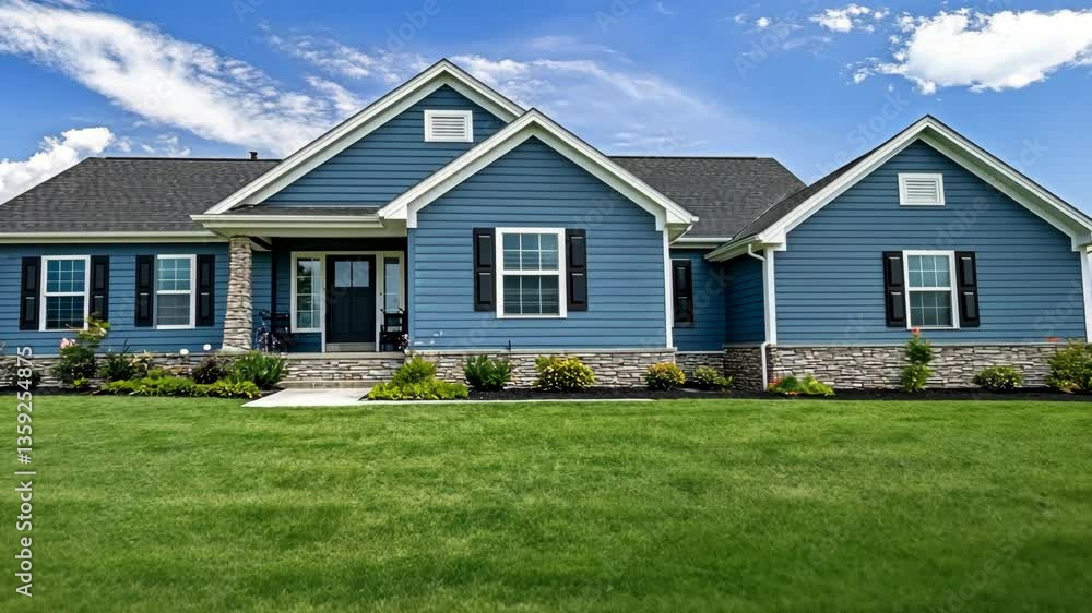 Modern blue house with stone accents surrounded by lush green lawn on a sunny day Modern blue house with stone accents surrounded by lush green lawn on a sunny day