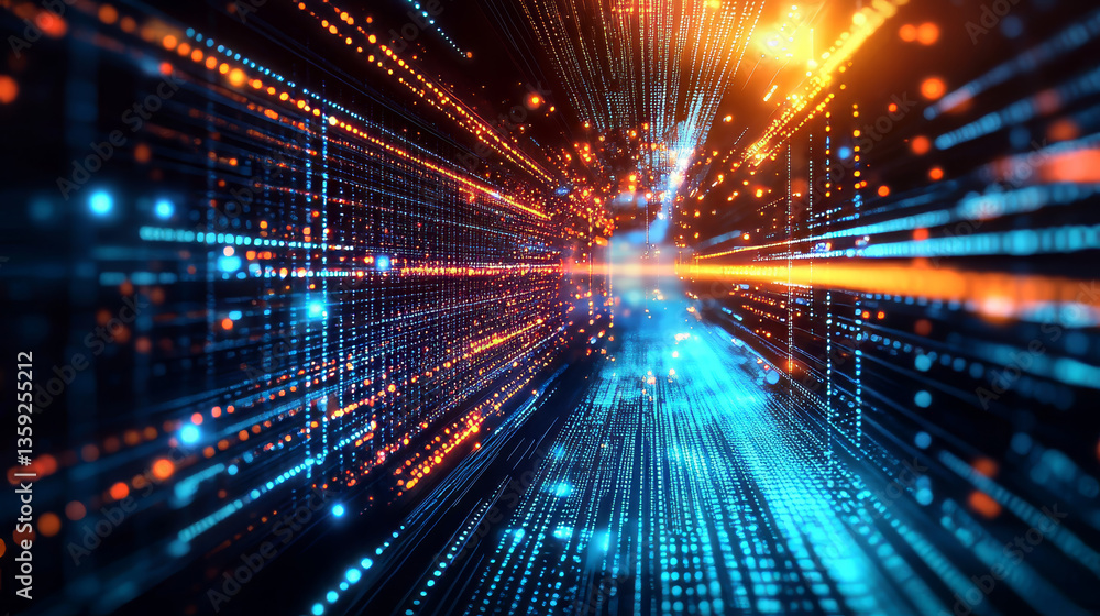 E-commerce, online business. Information flow, stream waves of coded data. 3D illustration techno background in neon colors E-commerce, online business. Information flow, stream waves of coded data. 3D illustration techno background in neon colors