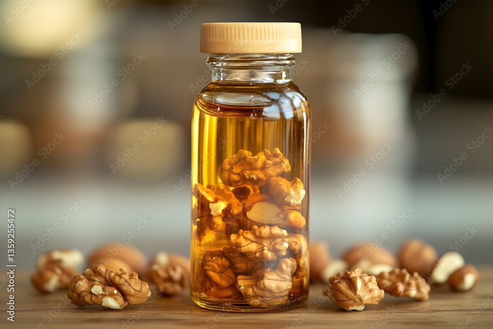 Walnut Oil in Glass Bottle with Nuts, Healthy Cooking Ingredient Walnut Oil in Glass Bottle with Nuts, Healthy Cooking Ingredient