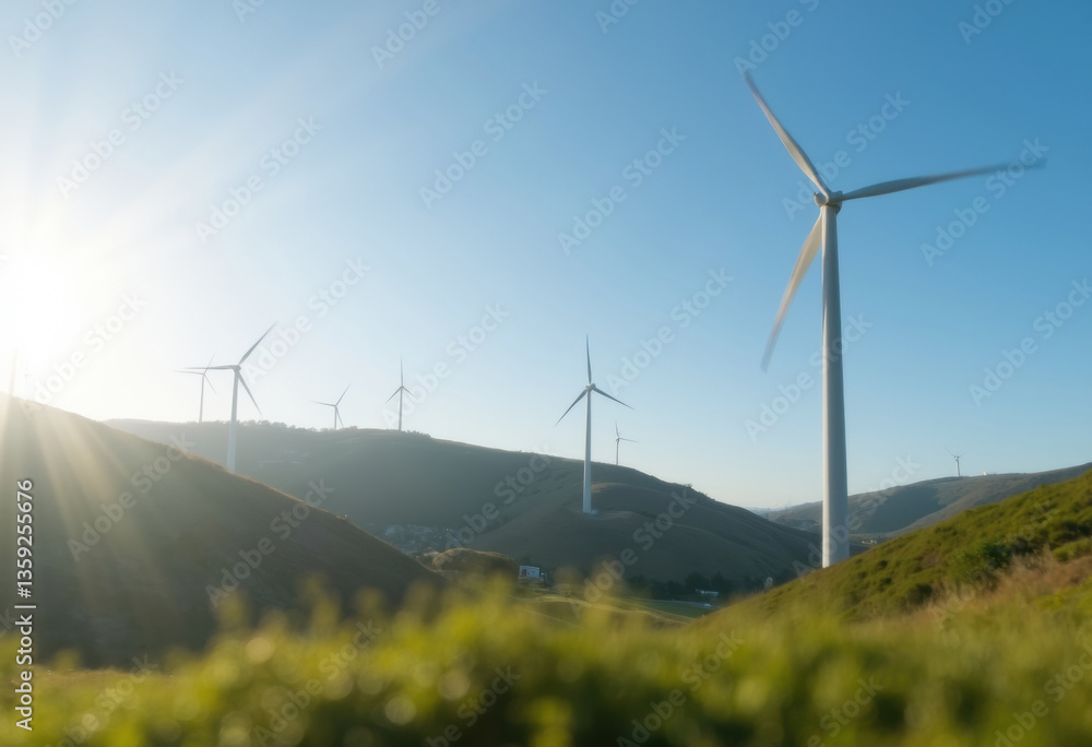 Obraz premium Wind turbines on a hillside under a clear blue sky at sunset