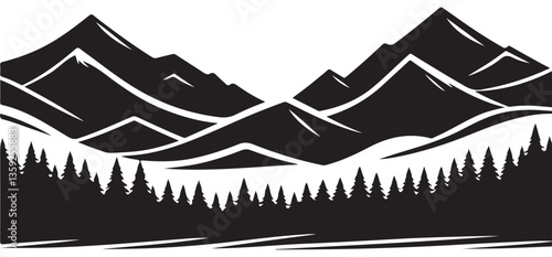 Scenic Mountain Range Silhouette Illustration with Evergreen Forest Design