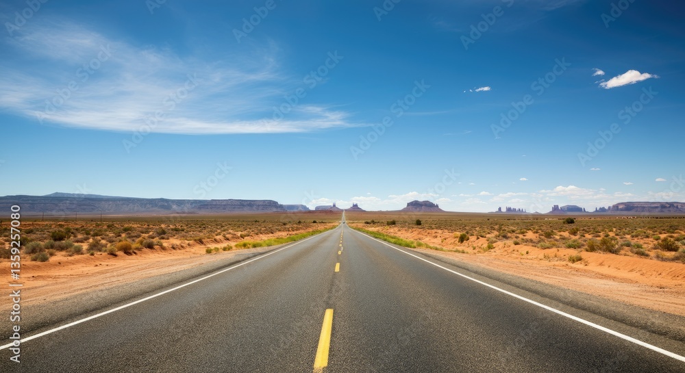 Fototapeta premium Endless open road through desert landscape, under clear blue sky