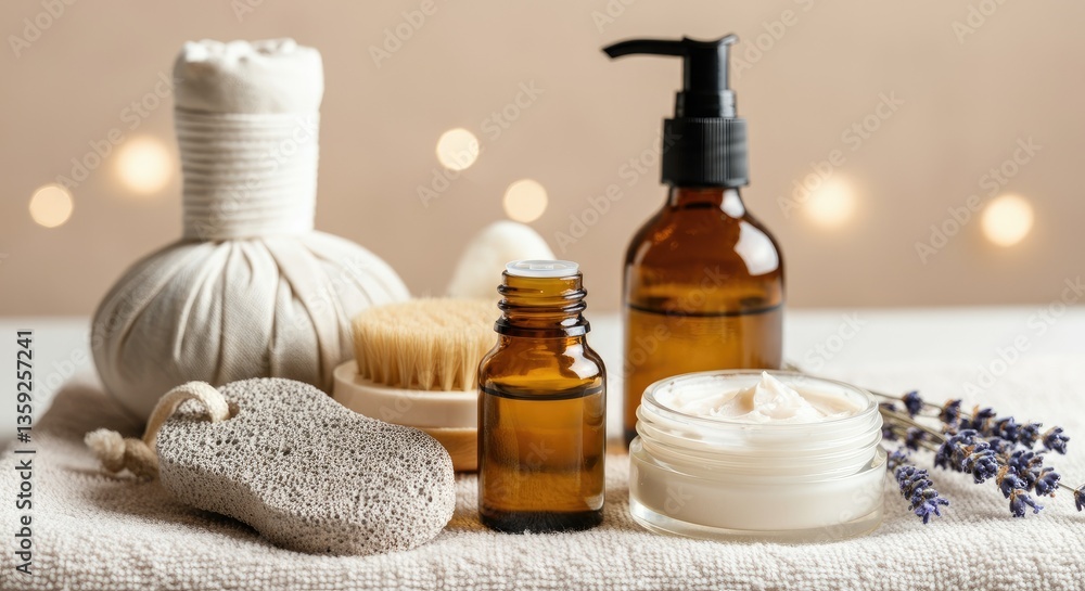 Spa essentials including natural skincare products, towel, and lavender Spa essentials including natural skincare products, towel, and lavender