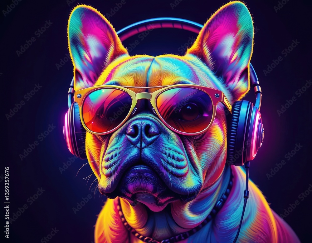 Fototapeta premium Colorful Bulldog with Headphones and Sunglasses Against Black Background