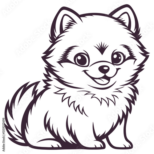 Cute Pomeranian Puppy Dog Outline, Smiling Cartoon Pet, Line Art Sitting Isolated