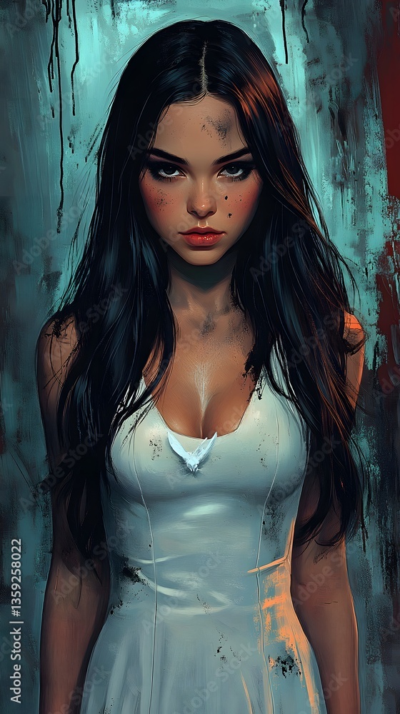 Naklejka premium Intense Stare: A portrait of a young woman with dark hair and piercing eyes, radiating a mix of determination and vulnerability, illuminated by a cool, dramatic light, evoking a sense of mystery.