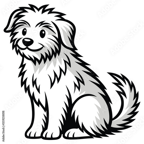 Cartoon Fluffy White Dog Sitting Isolated with Black Outline and Shaded Details