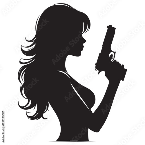 Silhouette of Female Spy Holding Gun in Action Vector Art