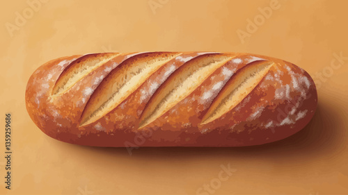 High-angle, close-up studio shot of a single crusty bread loaf against a muted orange-brown background. The bread is oblong with several diagonal slashes across the top. The crust appears golden