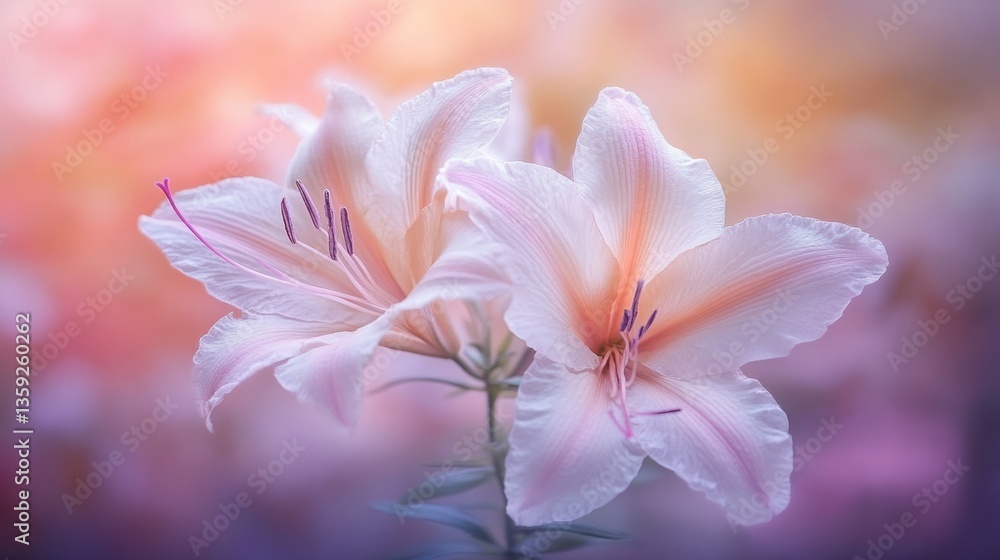 Fototapeta premium Two beautiful light pink and peach colored lily blossoms blooming gently