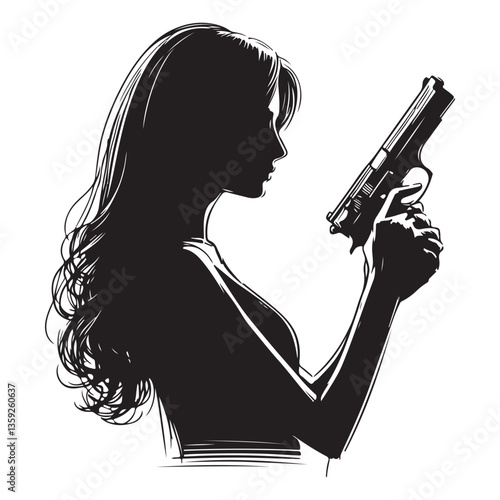 Sleek Silhouette of a Woman Holding Gun Vector Illustration Design