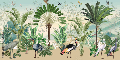 African Wild Life Mural Design for wall Painting, Tropical Wall Mural, Tropical Plam trees, Birds, Vintage waal Murals.