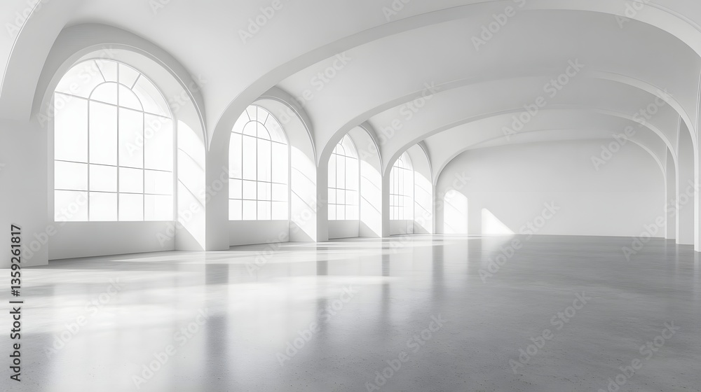 modern white hallway with arch windows and concrete floor modern white hallway with arch windows and concrete floor