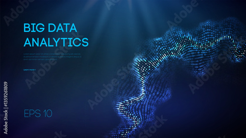 Big data analytics visualization with glowing blue wave of circular digital particles on dark background, abstract data sphere and futuristic network grid.