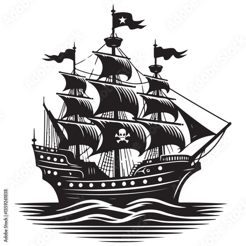 Pirate Ship Silhouette Vector Illustration with Skull and Crossbones Flag