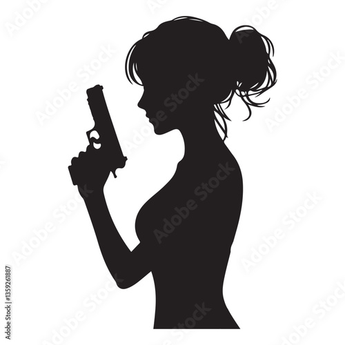 Woman Holding Gun Silhouette Vector Illustration Action Film Character