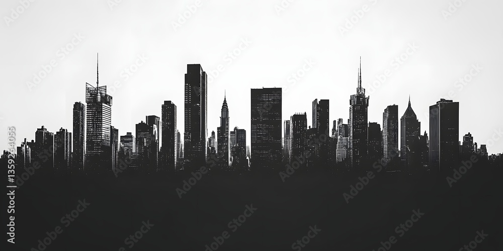 Naklejka premium Cityscape Silhouette: A monochromatic silhouette of a vibrant cityscape showcases an array of buildings, exuding a sense of scale and sophistication. Explore the concrete jungle with skyscrapers.