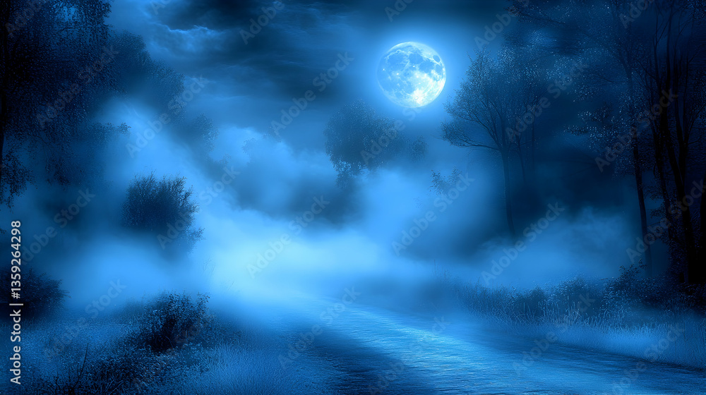 A moonlit path meanders through a forest bathed in blue light and ethereal mist creating a serene and dreamlike atmosp A moonlit path meanders through a forest bathed in blue light and ethereal mist creating a serene and dreamlike atmosp