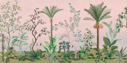 Origin Murals Chinoiserie Floral Tree Wall Mural in Green, Tropical Background, Plam Trees.