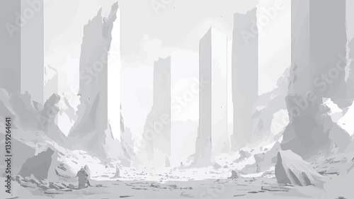The image presents a monochromatic landscape rendered entirely in shades of white and light gray.  The scene depicts a barren, seemingly deserted expanse featuring tall, slender, pillar-like
