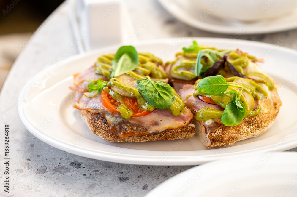 Close-up of an open-faced sandwich with ham, tomato, melted cheese, basil leaves, and green sauce on a white plate, garnished with fresh herbs. Perfect for food photography or culinary presentations. Close-up of an open-faced sandwich with ham, tomato, melted cheese, basil leaves, and green sauce on a white plate, garnished with fresh herbs. Perfect for food photography or culinary presentations.