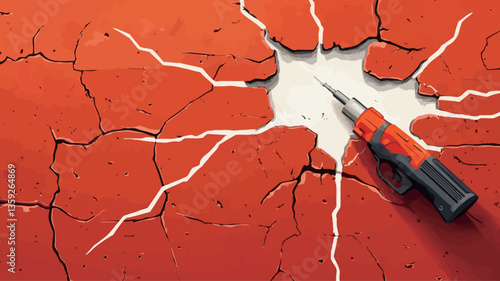 High-angle, close-up view of a cracked, reddish-orange surface with a network of white cracks radiating from a central point.  A small, handheld drill is placed within the central area of the