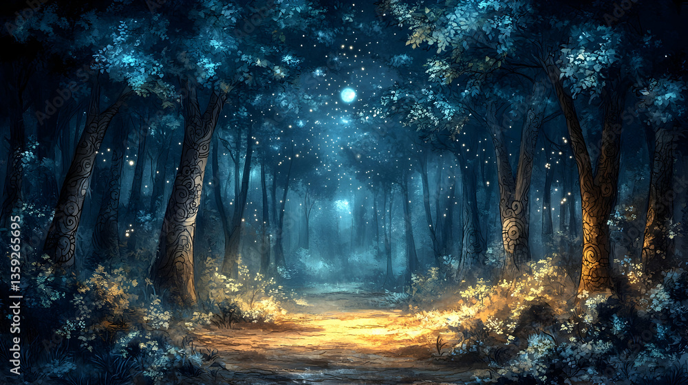 Fototapeta premium A mystical forest bathed in moonlight fireflies flicker around trees a pathway inviting exploration and wonder under a