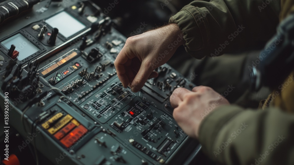 Pilot Hands on Aircraft Control Panel: Aviation Technology and Precision Pilot Hands on Aircraft Control Panel: Aviation Technology and Precision