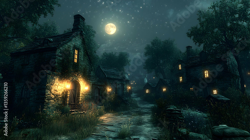 A mystical village is bathed in moonlight as warm lights glow in the windows of quaint stone cottages nestled in the dar