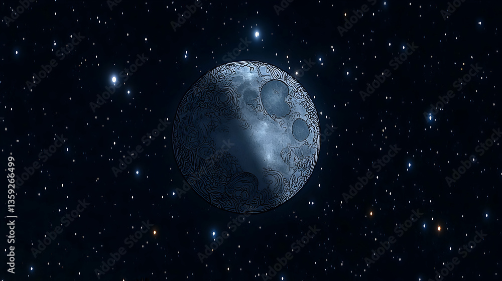 Obraz premium A night sky filled with bright stars features an intricately decorated moon glowing softly against the deep blue cosmic