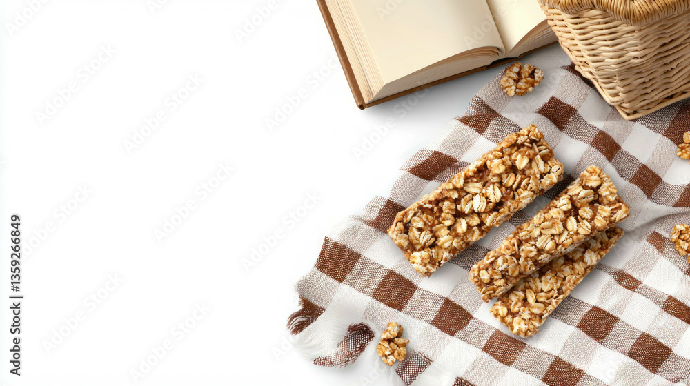 Granola bars on picnic blanket with open book and wicker basket for outdoor snack inspiration Granola bars on picnic blanket with open book and wicker basket for outdoor snack inspiration