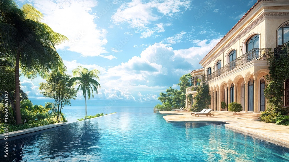 Fototapeta premium Majestic seaside villa, pool reflecting blue skies and ocean, lush greenery embracing the mansion, bright tropical day 