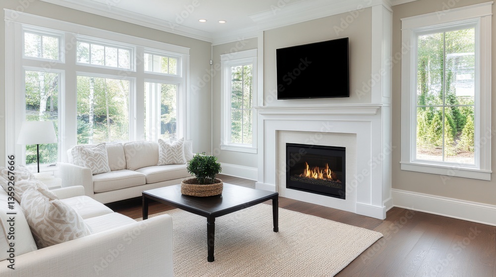 Fototapeta premium Modern Minimalist Living Room with Cozy Fireplace and Natural Light in Bright Color Palette