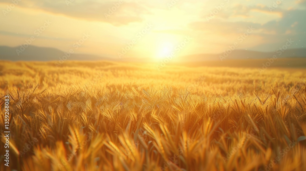 Obraz premium Golden wheat field at sunset with a dramatic sky. Abstract artwork of golden rive field or wheat field landscape or farm in harvest season at sunset. Landscape photo. Farming and harvesting. AIG51.